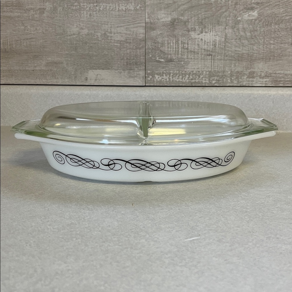 Pyrex black scroll Divided Dish